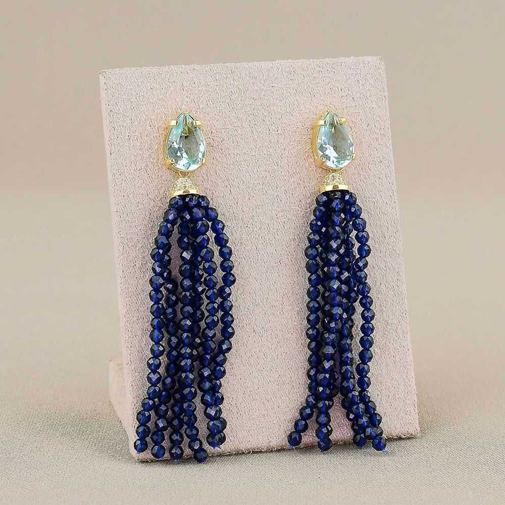 Brinco Dourado com Cacho em Cristais de Zircônias Azul