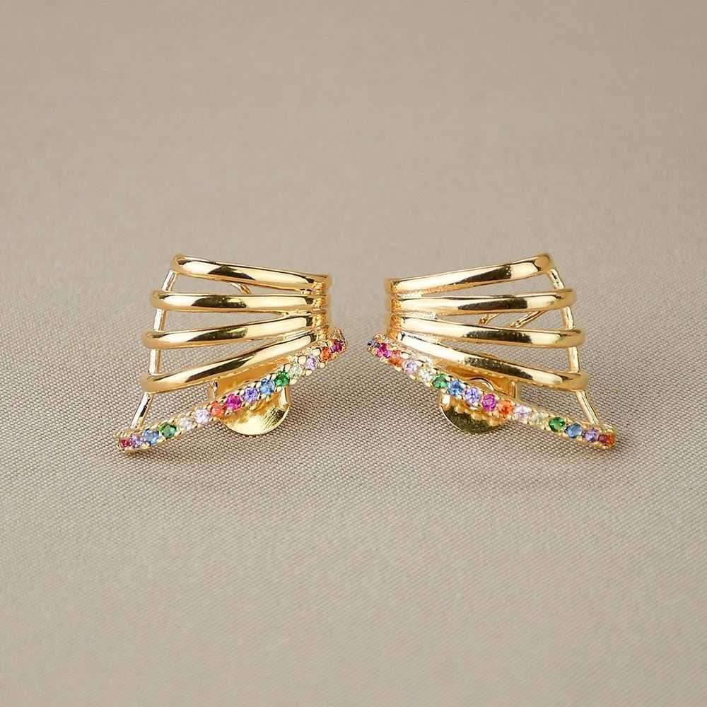 Brinco Harpa Ear Hook Dourado Cravejado com Zircônias Multicolor