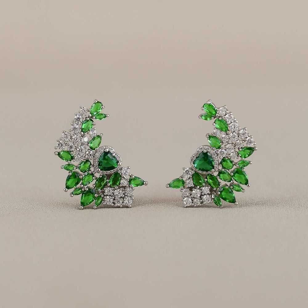 Brinco Rodio Ear Cuff Cravejado com Zircônias Cristais e Verdes 