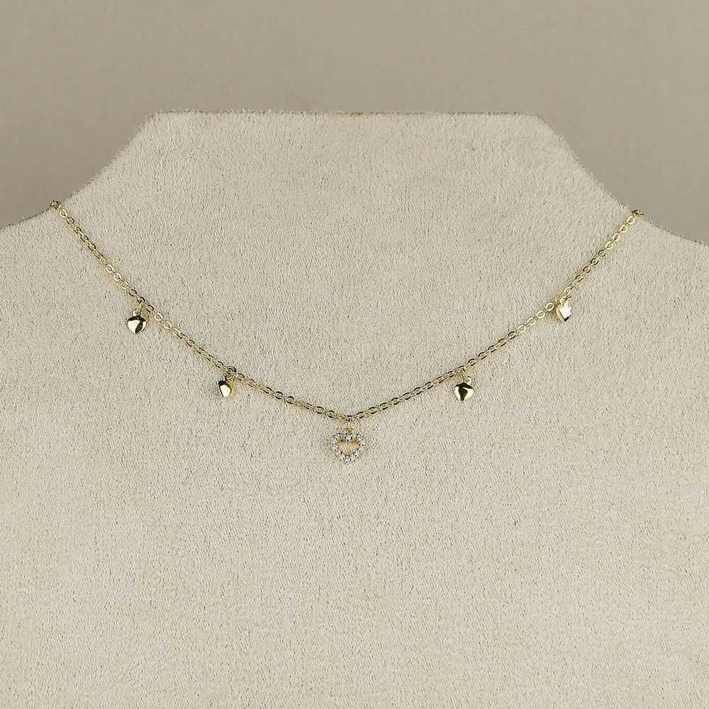 Colar Dourado com Corações em Metal e Cravejado com Zircônias Cristais 35+5cm