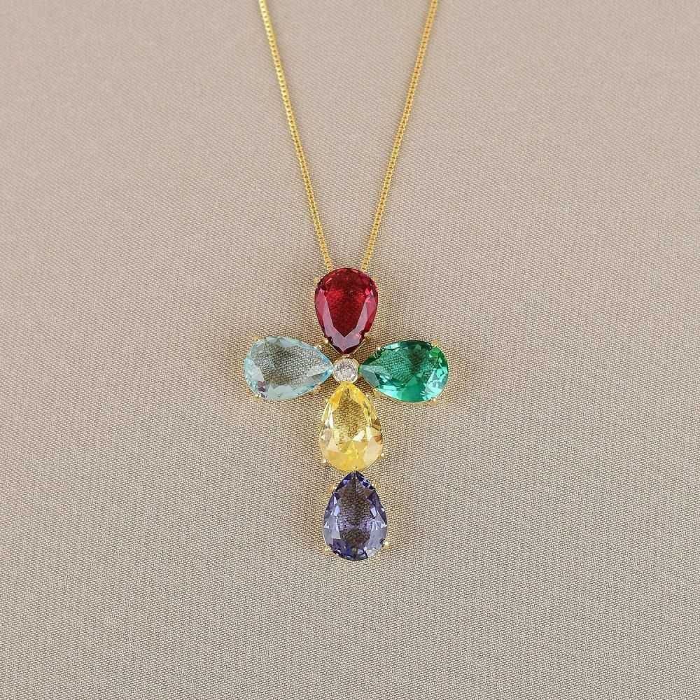 Colar Dourado com Pingente em Cruz Cravejado com Zircônias Multicoloridos 41+5cm