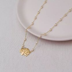 Colar dourado pérolas e árvore 50+5cm