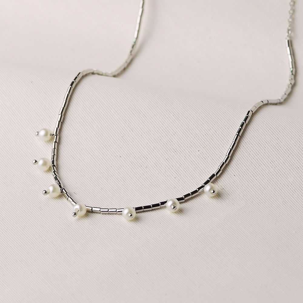 Colar Ródio Canutilhos em Metal e Pérolas 42+8cm