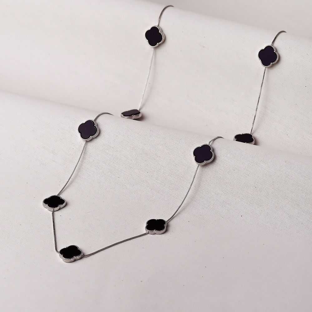Colar Ródio com Trevos Pretos 79+8CM