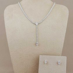 Conjunto Brinco e Colar Rodio em Gota Cravejado com Zircônias Cristais