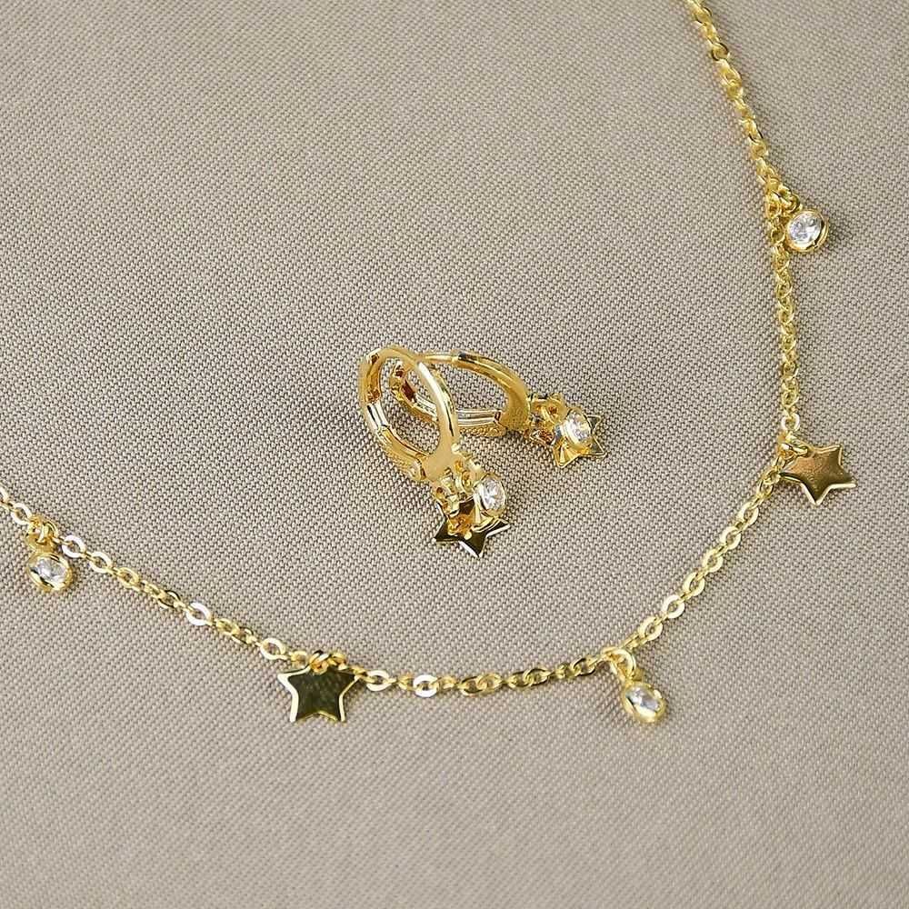 Conjunto de Brinco e Colar Estrela e Ponto de Luz em Zircônia 27+10cm
