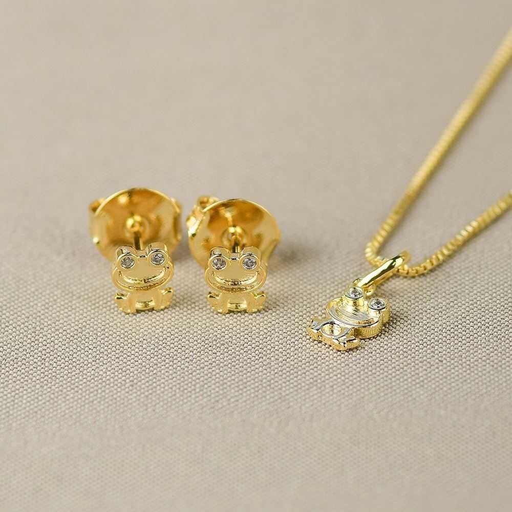Conjunto Dourado de Brinco e Colar Sapo Cravejado com Zircônias 35cm