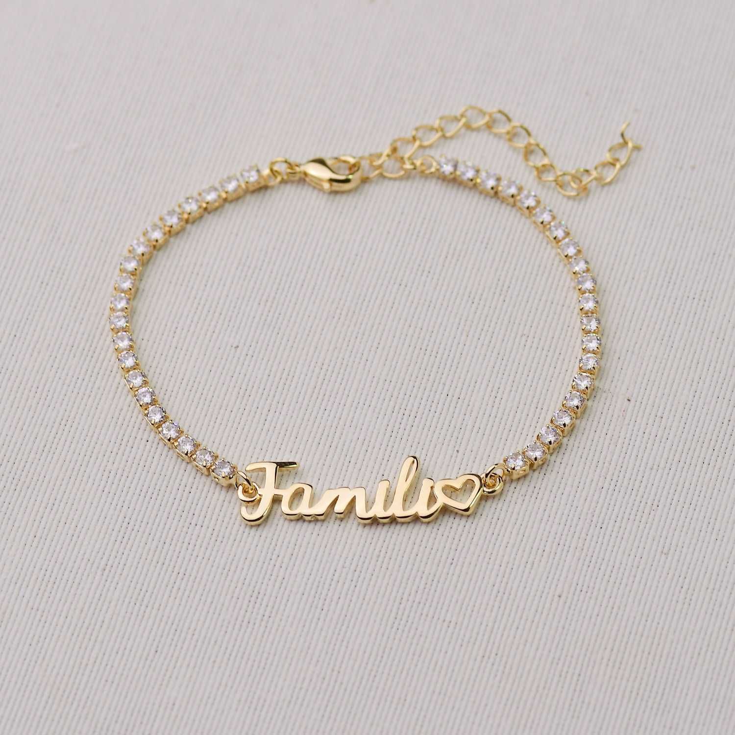 Pulseira Dourado Família com Riviera em Zircônias Cristais 18+5cm
