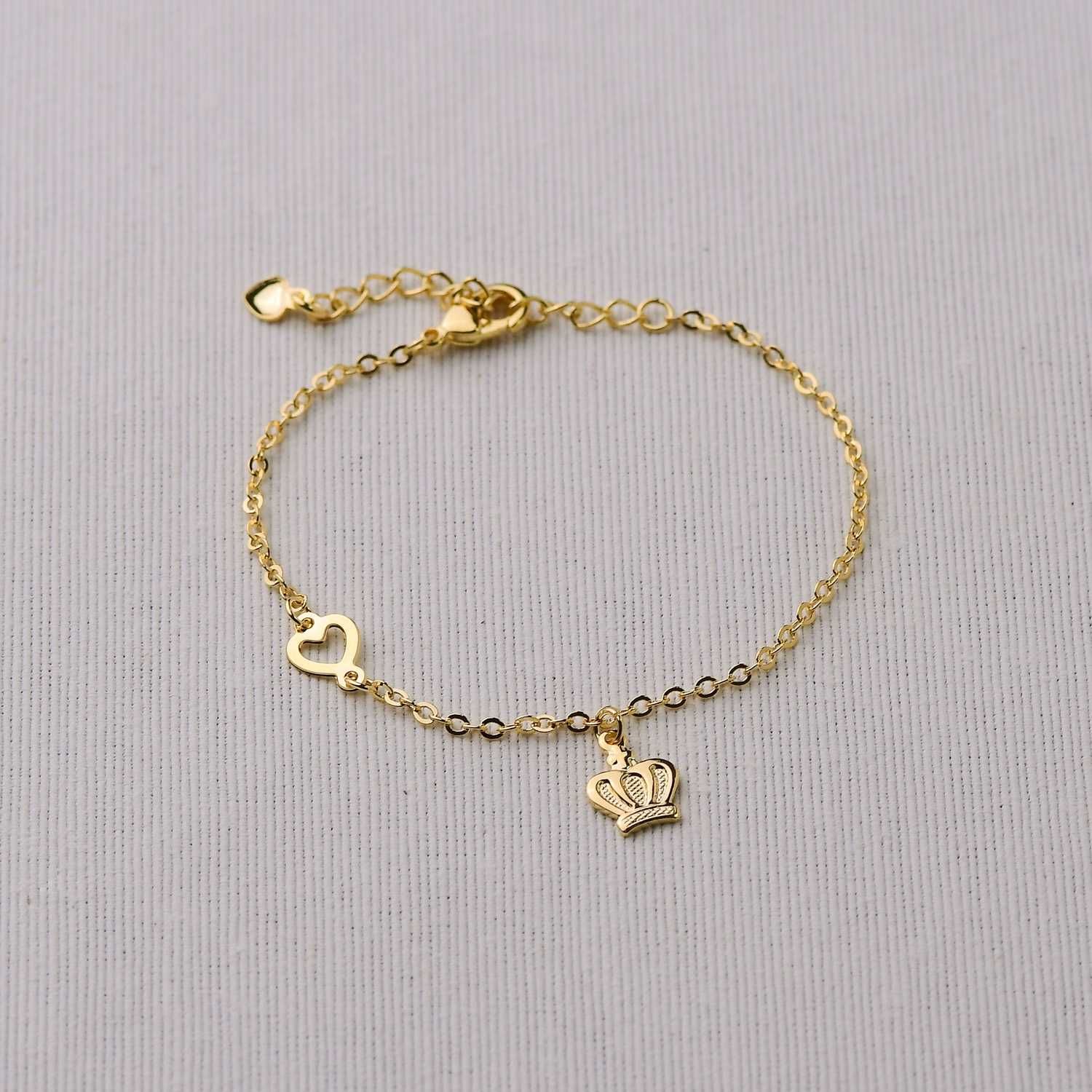 Pulseira Dourado Infantil Coração e Coroa em Metal 14+4cm