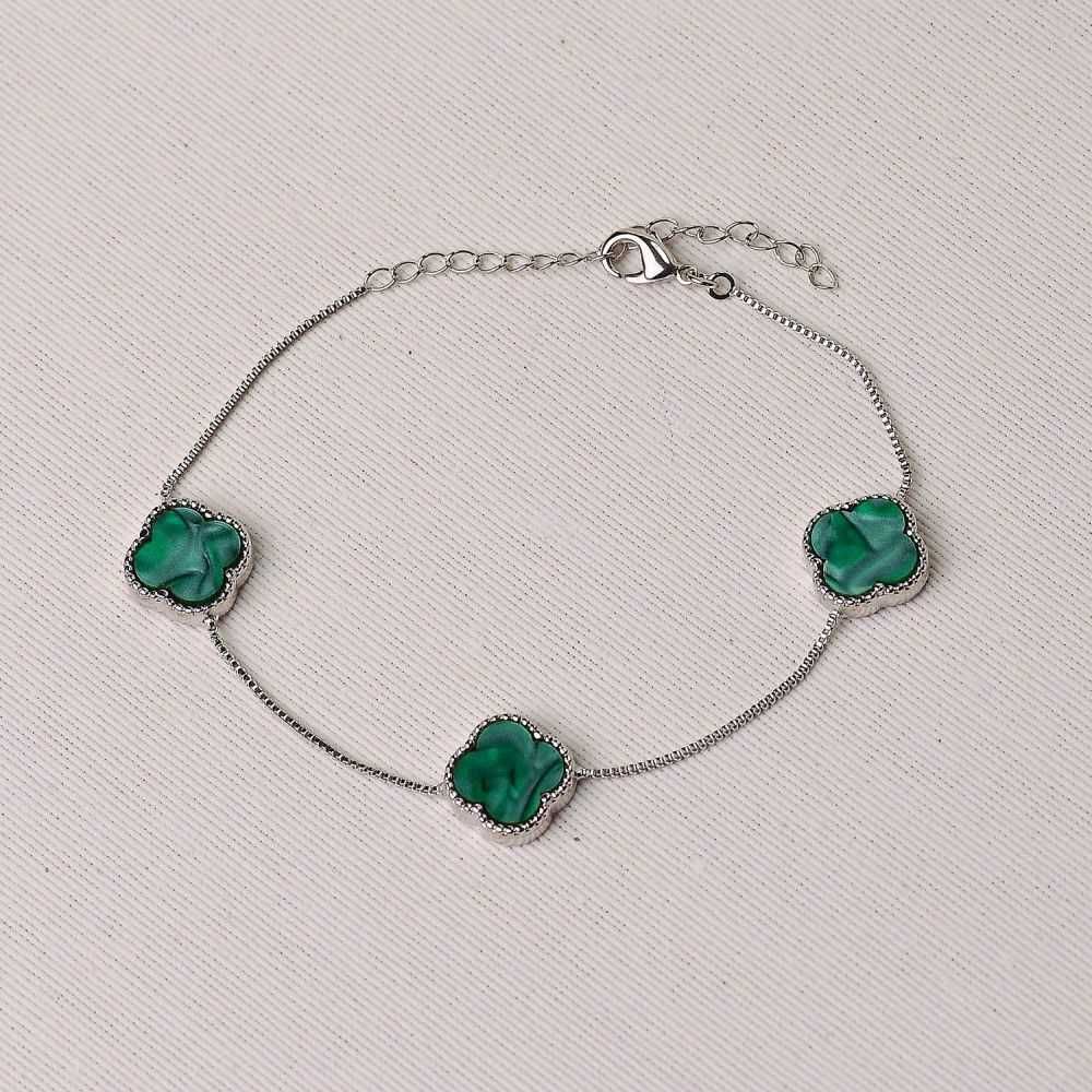 Pulseira Ródio com Trevos e Madrepérolas Verdes 17+5cm