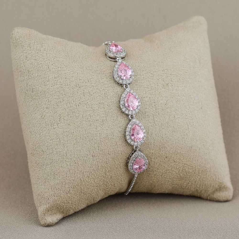 Pulseira Ródio Regulável com Gotas Cravejadas com Zircônias Cristais e Rosas